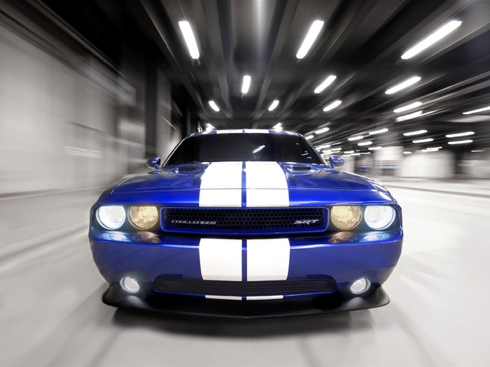 Blue Dodge Challenger SRT with White Stripes