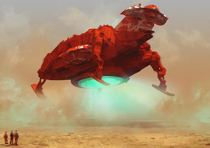 Red spaceship hovering over a desert landscape
