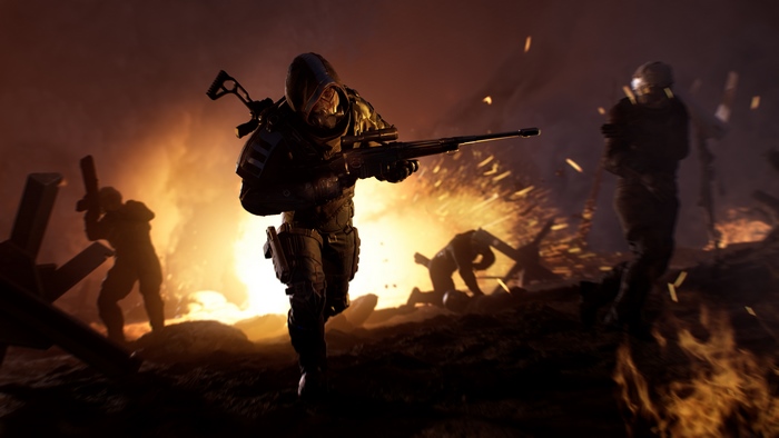 Outriders soldiers in a fiery battlefield 4K