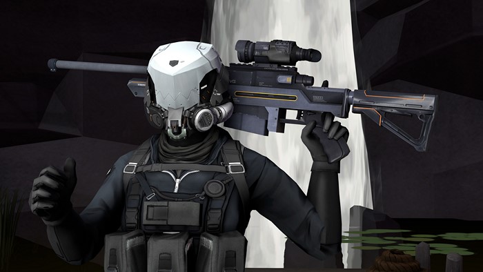 Soldier with futuristic helmet and rifle