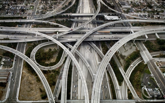 Aerial view of a complex highway interchange