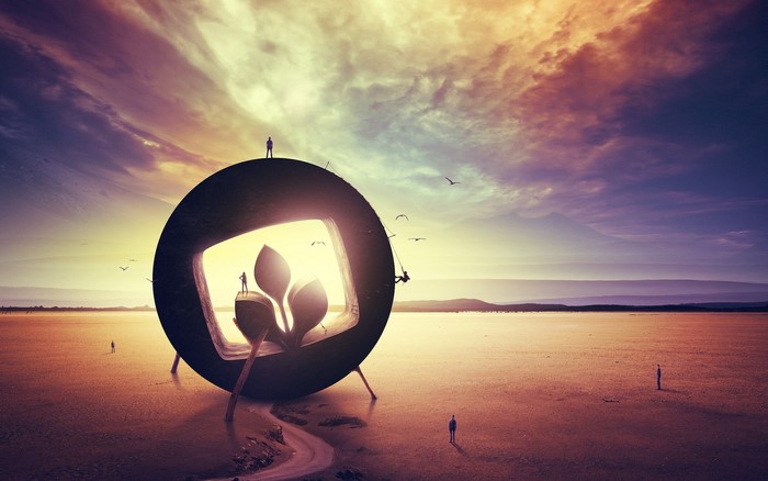 Surreal landscape with giant portal and tiny figures