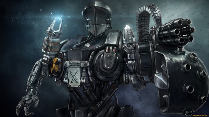 Robot with Gatling Gun and Radiation Symbol