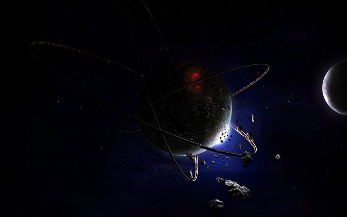Ringed Planet with Asteroids and Distant Moon