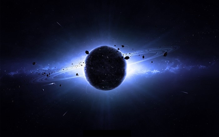 Sci-Fi Planet with Rings and Asteroids