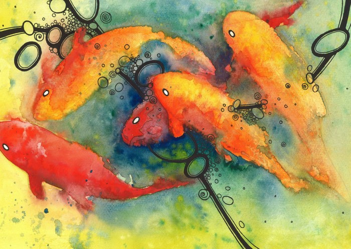 Watercolor painting of four koi fish