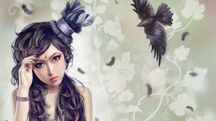 Fantasy girl with a bird and feathers