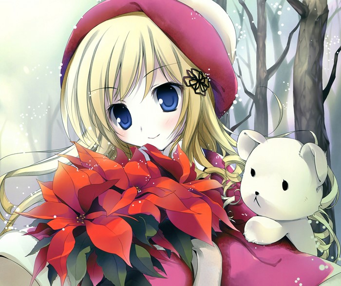 Anime girl with blonde hair and blue eyes holding poinsettias