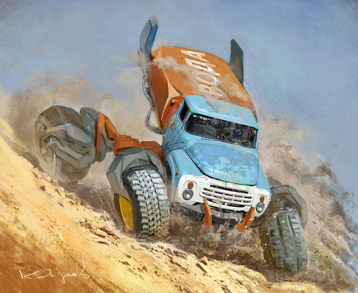 Futuristic truck with orange cargo container driving on sandy terrain