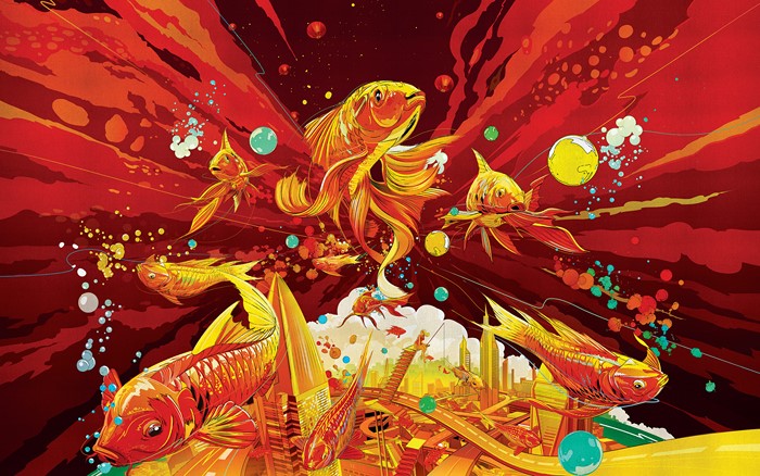 Artistic Koi Carp swimming through a futuristic city