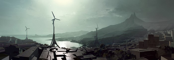 Dishonored 2 landscape with wind turbines