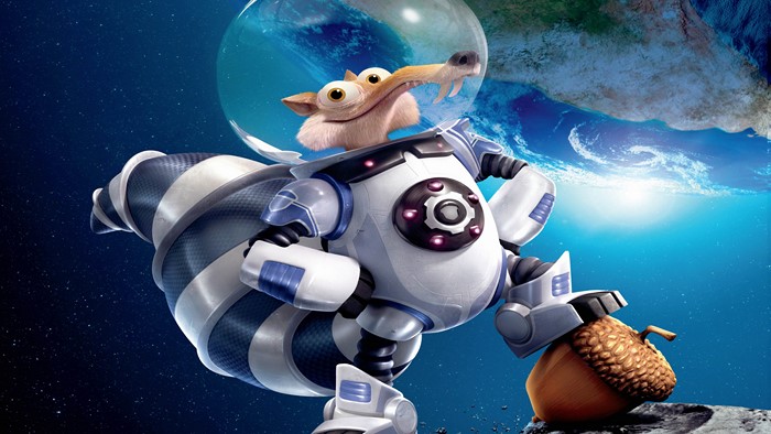 Scrat from Ice Age in a spacesuit holding an acorn