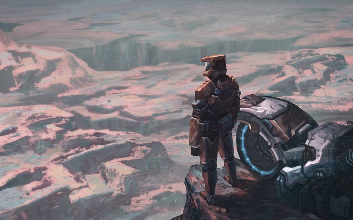 Soldier overlooking alien landscape with vehicle