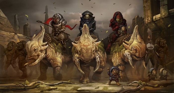 Mass Effect characters riding alien creatures