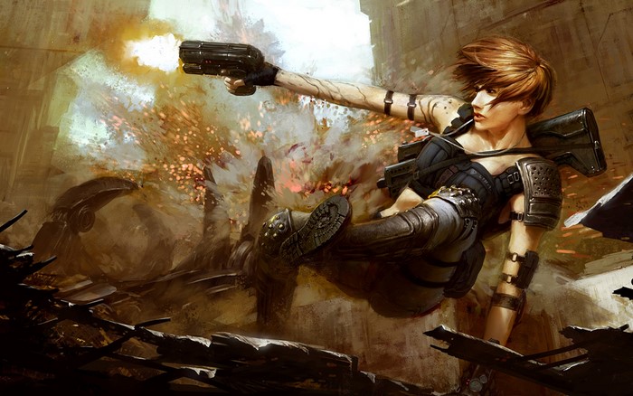 Woman warrior firing a gun in a destroyed city