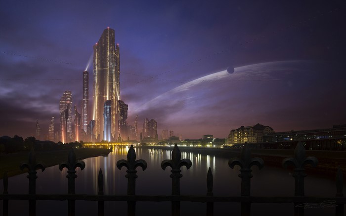 Futuristic Cityscape with Planet and Moon