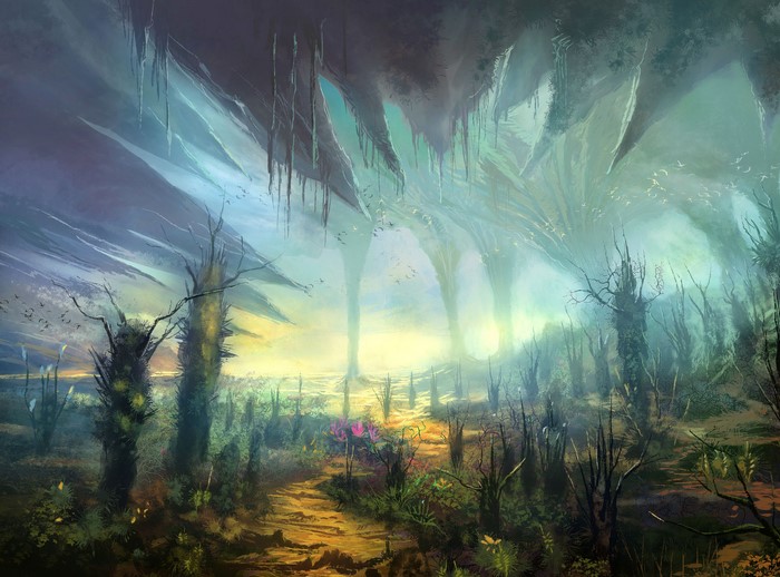 Alien cave with strange trees and path