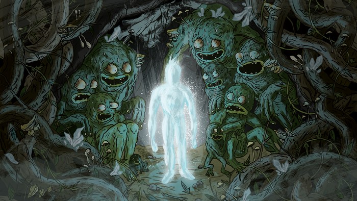 Glowing figure surrounded by moss creatures in a forest
