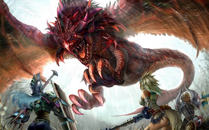 Rathalos (Monster Hunter) fighting hunters