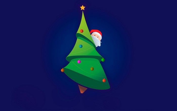 Santa Claus peeking from behind a Christmas tree