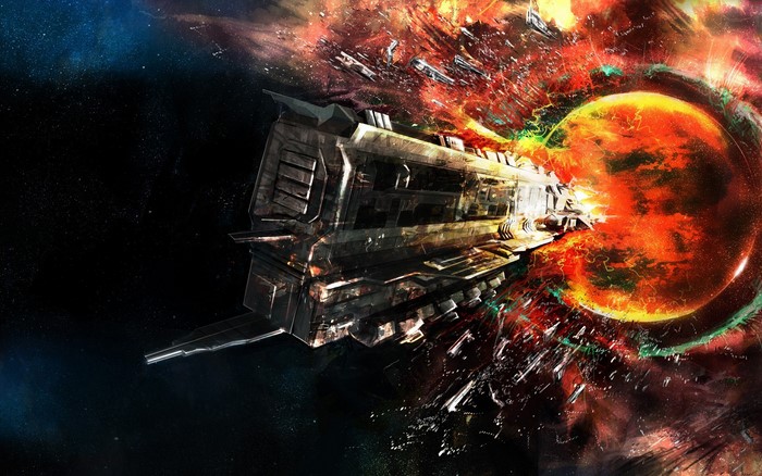 Sci Fi Spaceship Approaching Exploding Planet