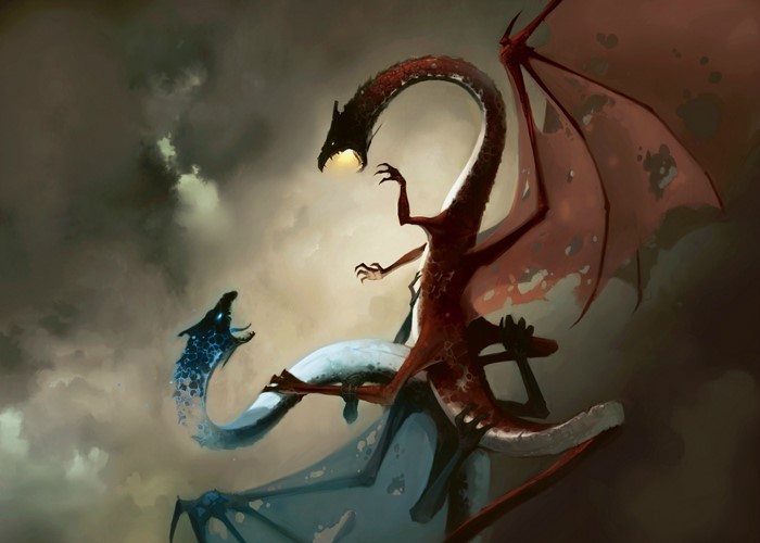 Two dragons fighting in a cloudy sky