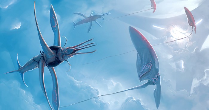 Fantasy creatures flying in a cloudy sky