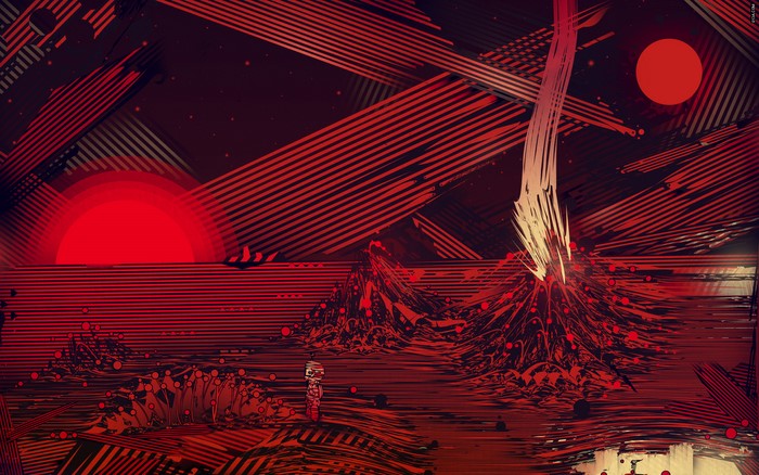 Astronaut in a red abstract sci-fi landscape