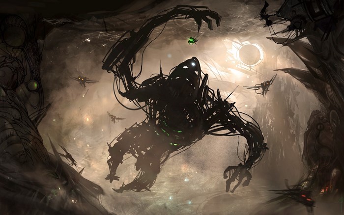 Giant mechanical creature with drones in a dark cavern