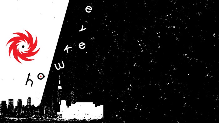 Hawkeye logo over a city skyline
