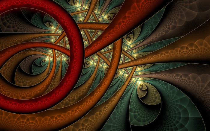 Abstract fractal art with red and green swirling patterns