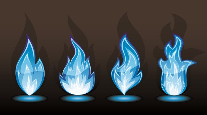 Four blue flames with shadows