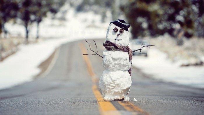 Snowman on a winter road
