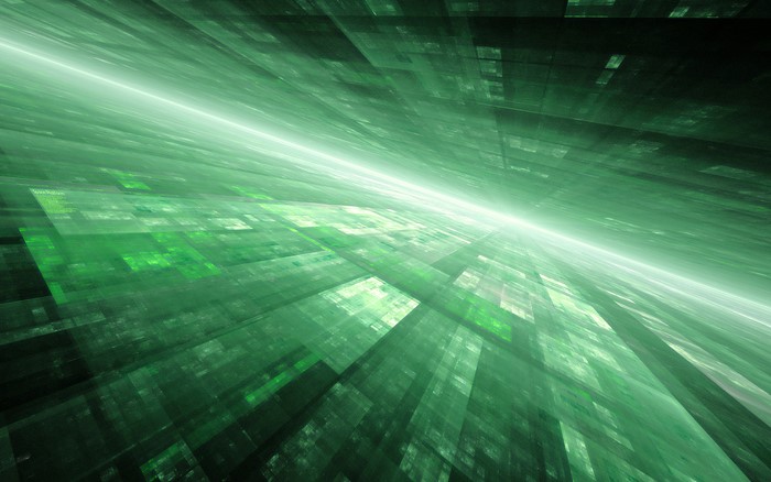 Green digital grid receding into light