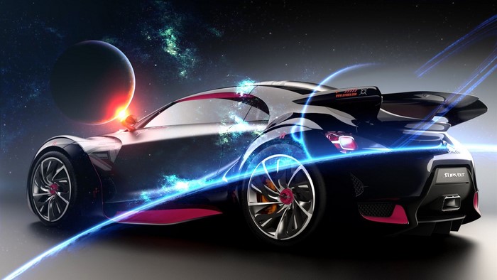 Futuristic Citroën car in space with planet