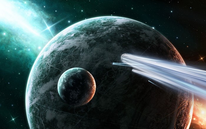 Sci Fi planets and nebula with light streaks
