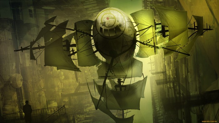 Steampunk airship in a futuristic city
