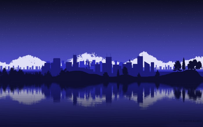 Minimalist Cityscape at Night with Water Reflection