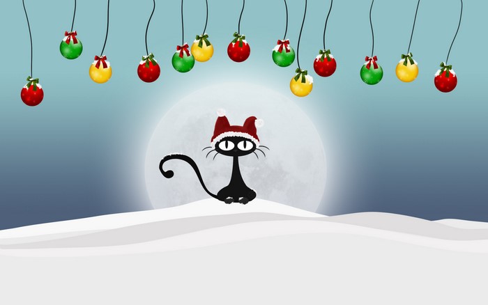 Black cat wearing Santa hat under Christmas ornaments and moon