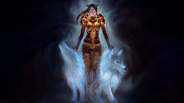 Woman with two wolves from World of Warcraft