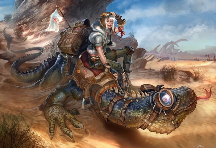 Woman riding a lizard in a desert wasteland
