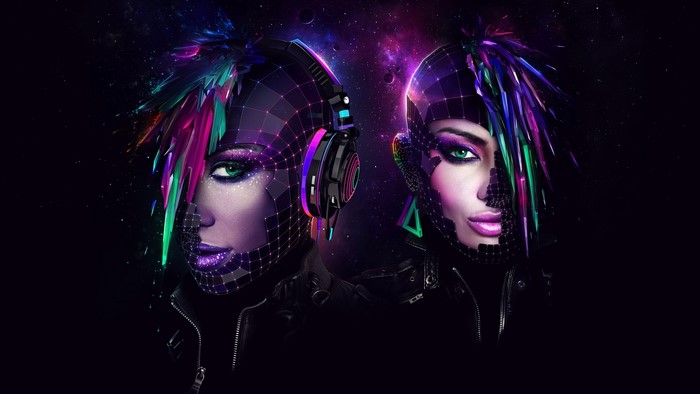 Two women with futuristic digital masks and colorful hair