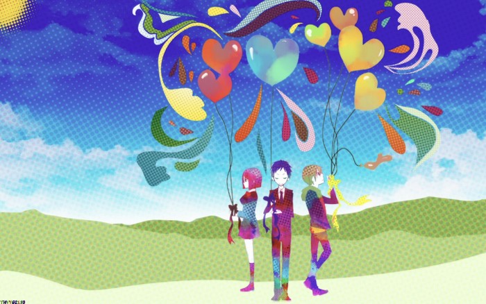 Three characters holding heart balloons from Durarara!!