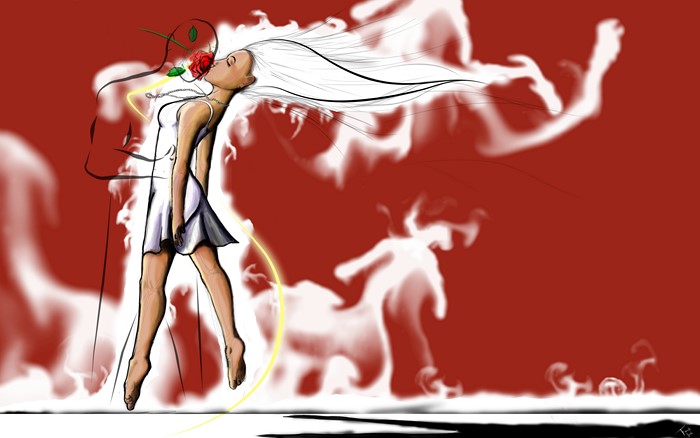 Woman kissing a rose with smoke figures