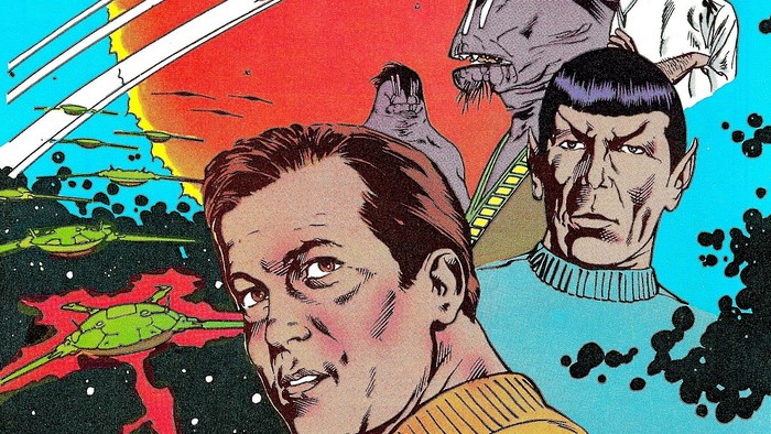 Star Trek characters with alien ships and planets