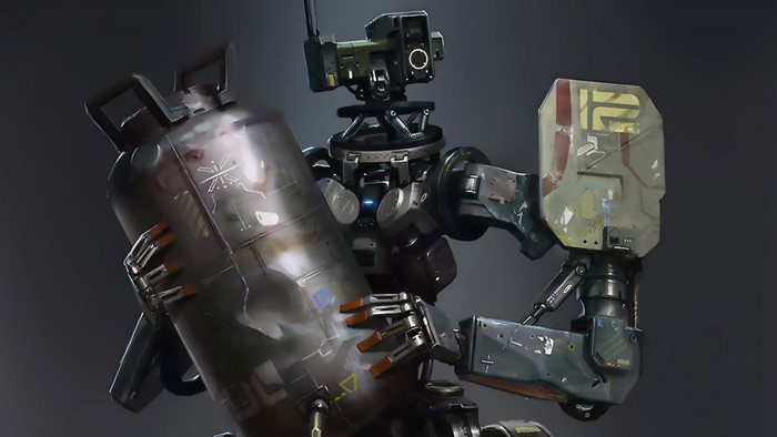 Sci-fi robot holding a large cylindrical object
