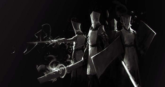 Knights with Swords and Shields in Dark Setting