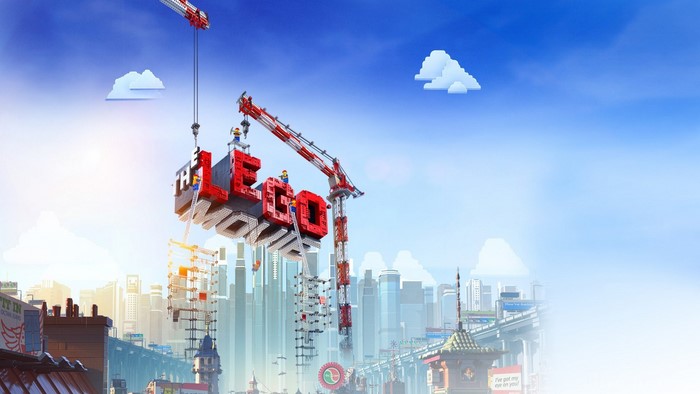 The Lego Movie title being built by cranes