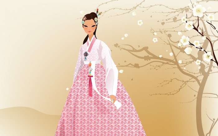 Woman in traditional Korean costume with cherry blossoms