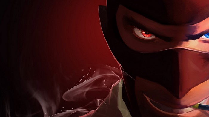 Spy from Team Fortress 2 with red and blue eyes
